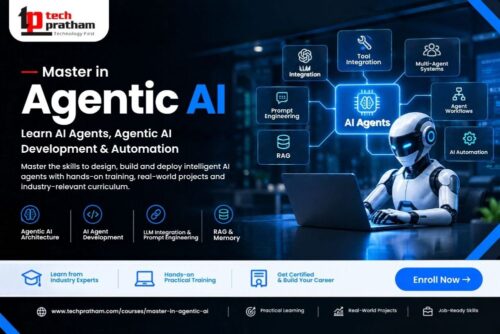 Master in Agentic AI course banner by TechPratham, featuring AI agent development, LLMs, RAG, multi-agent systems, prompt engineering, agent workflows, and AI automation. Master in Agentic AI course banner by TechPratham, featuring AI agent development, LLMs, RAG, multi-agent systems, prompt engineering, agent workflows, and AI automation.