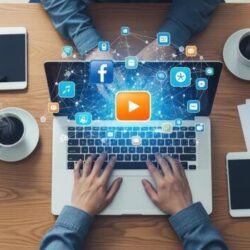 digital-marketing-and-social-media-strategy-concept-hands-typing-on-laptop-surrounded-by-devices-photo